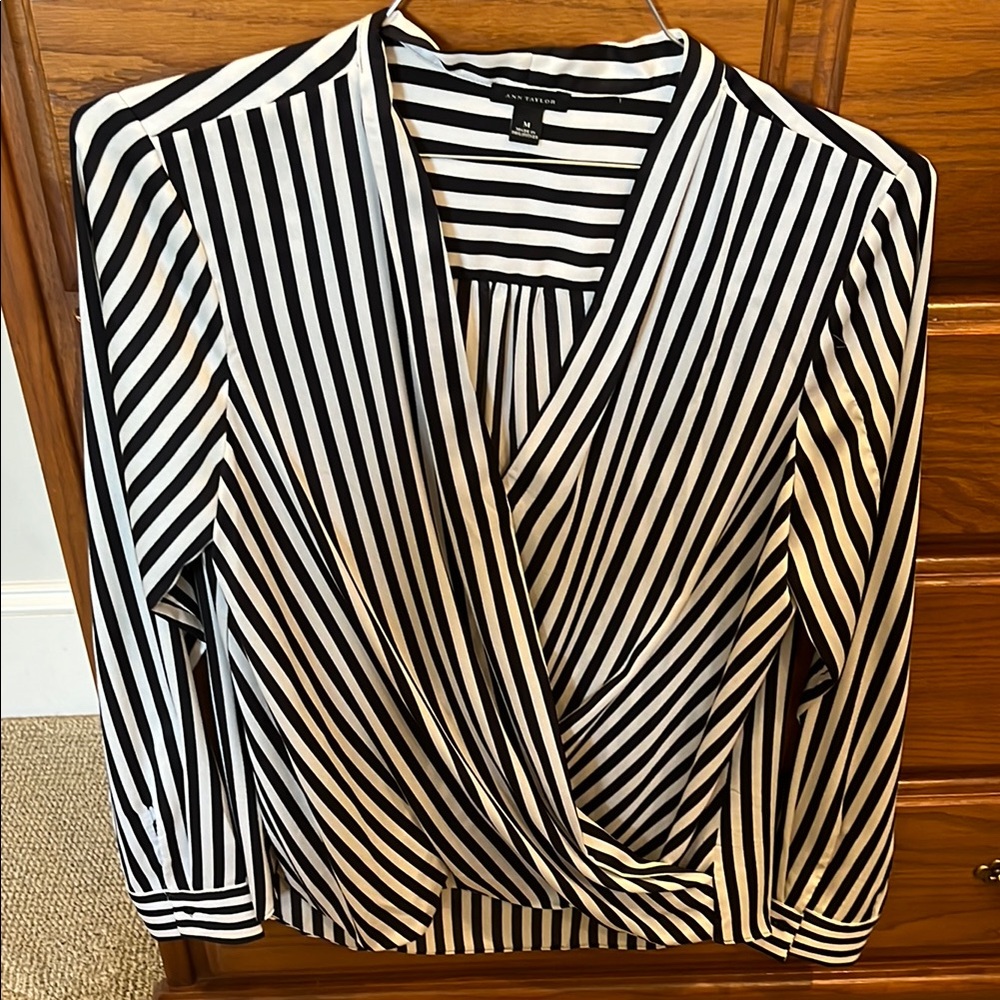 Ann Taylor Black and White Wrap Blouse with Notched Collar
